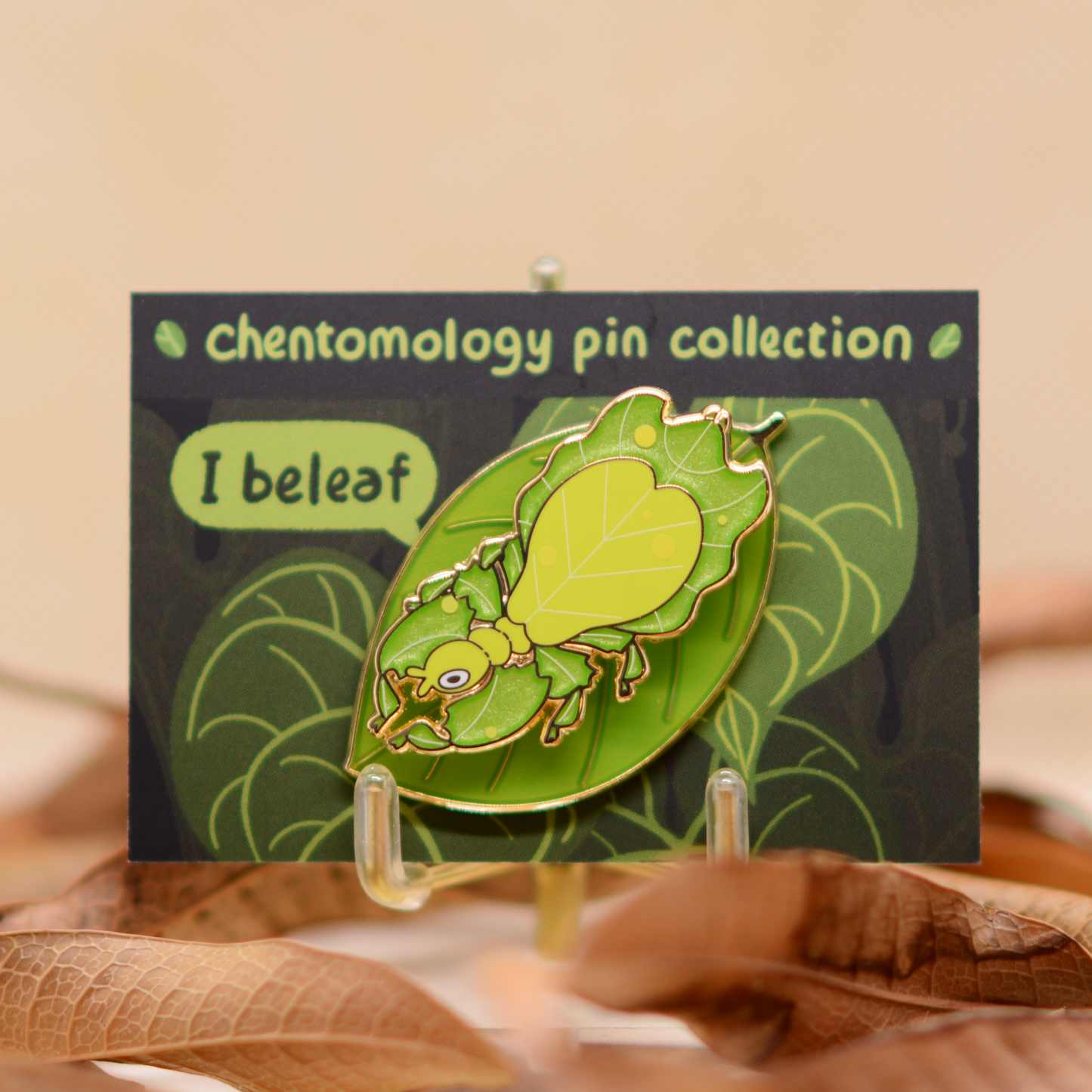 Leaf insect 2-layer bouncy enamel pin 1.5" - 3 variants