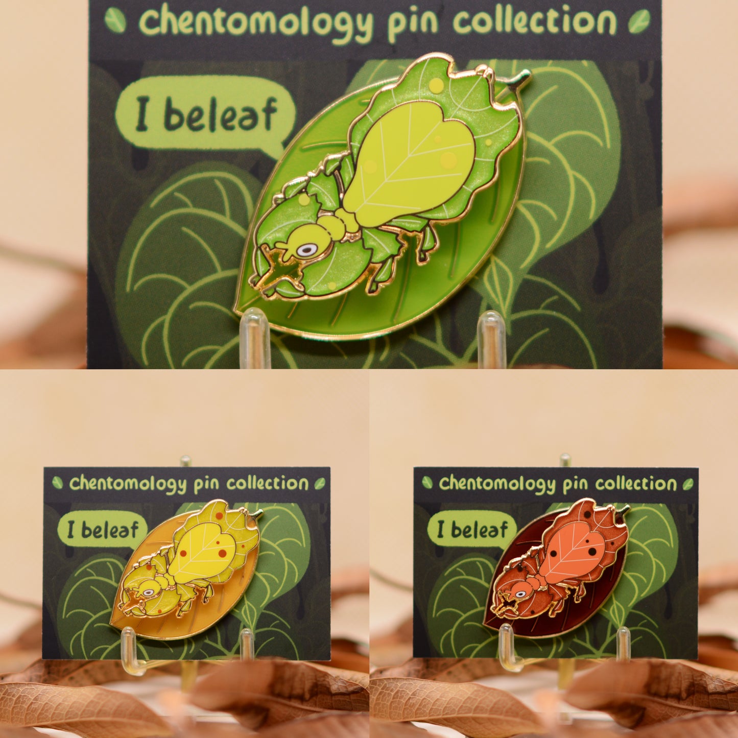 Leaf insect 2-layer bouncy enamel pin 1.5" - 3 variants